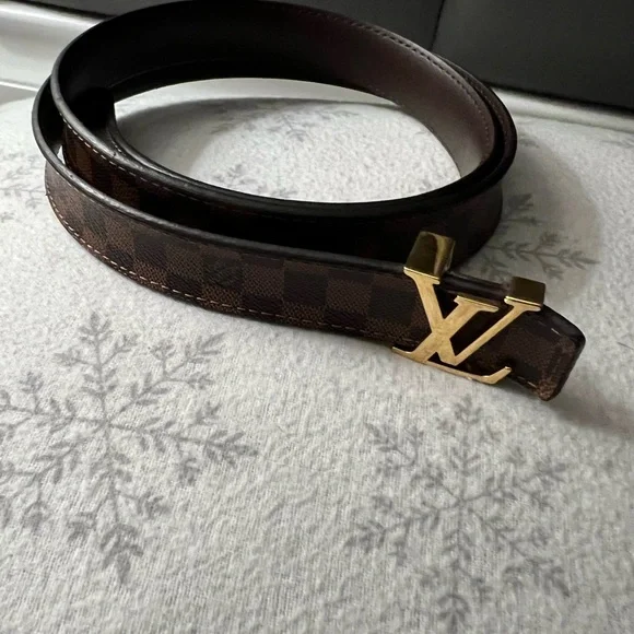Louis Vuitton Brown Checkered Belt with Gold Logo Buckle - Picture 1 of 3